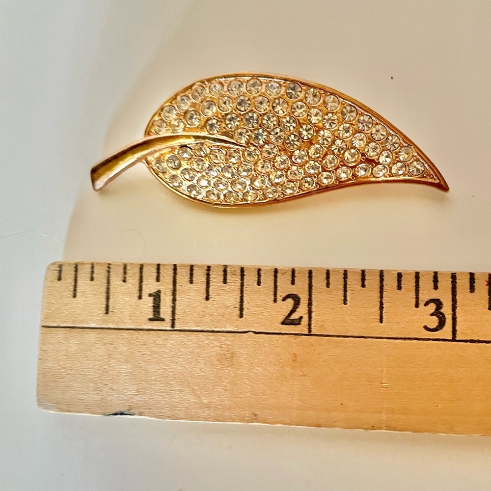 3:$20 Elegant  Gold  Leaf Brooch with Crystals - Picture 3 of 3